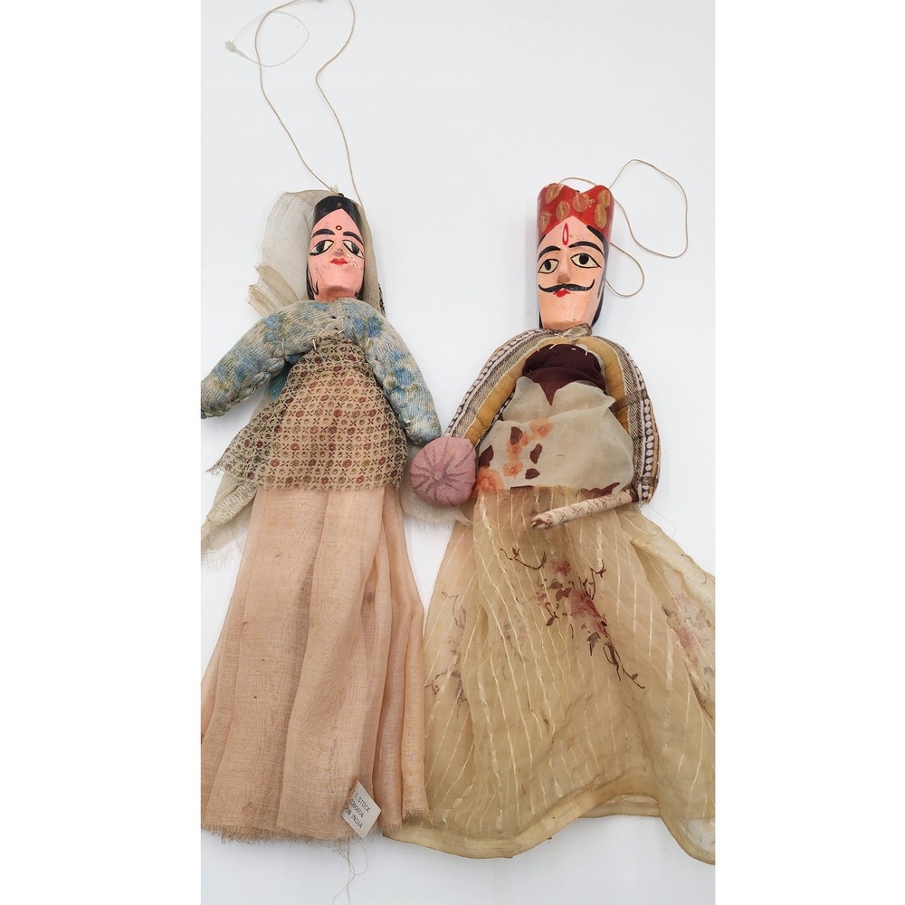 Pair of India Wooden‎ Dolls Marionette Hanging Puppets Ethnic Decor Vintage